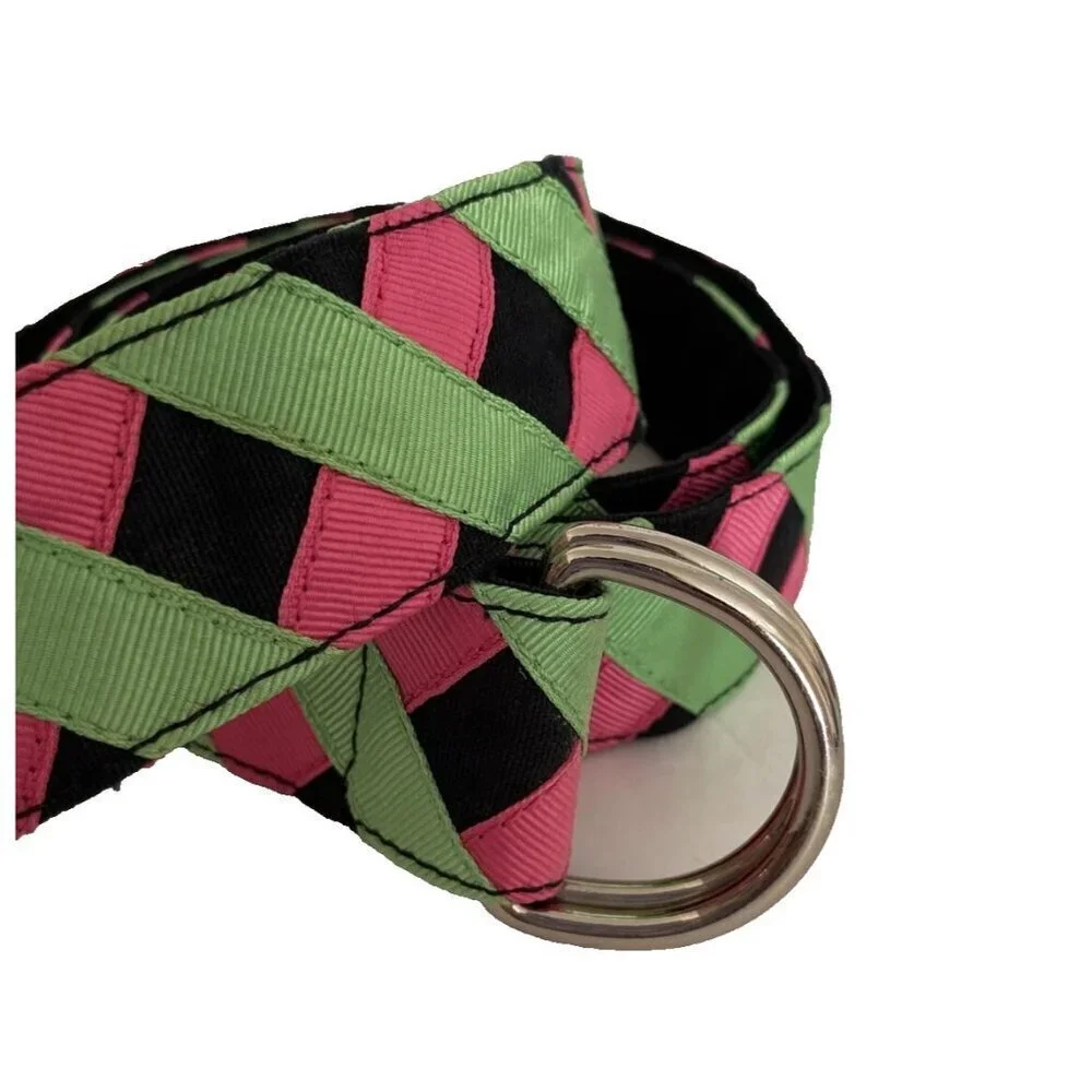 Vintage 80s Womens Grosgrain Ribbon Belt Criss Cross Double D-Rings Colorful NEW